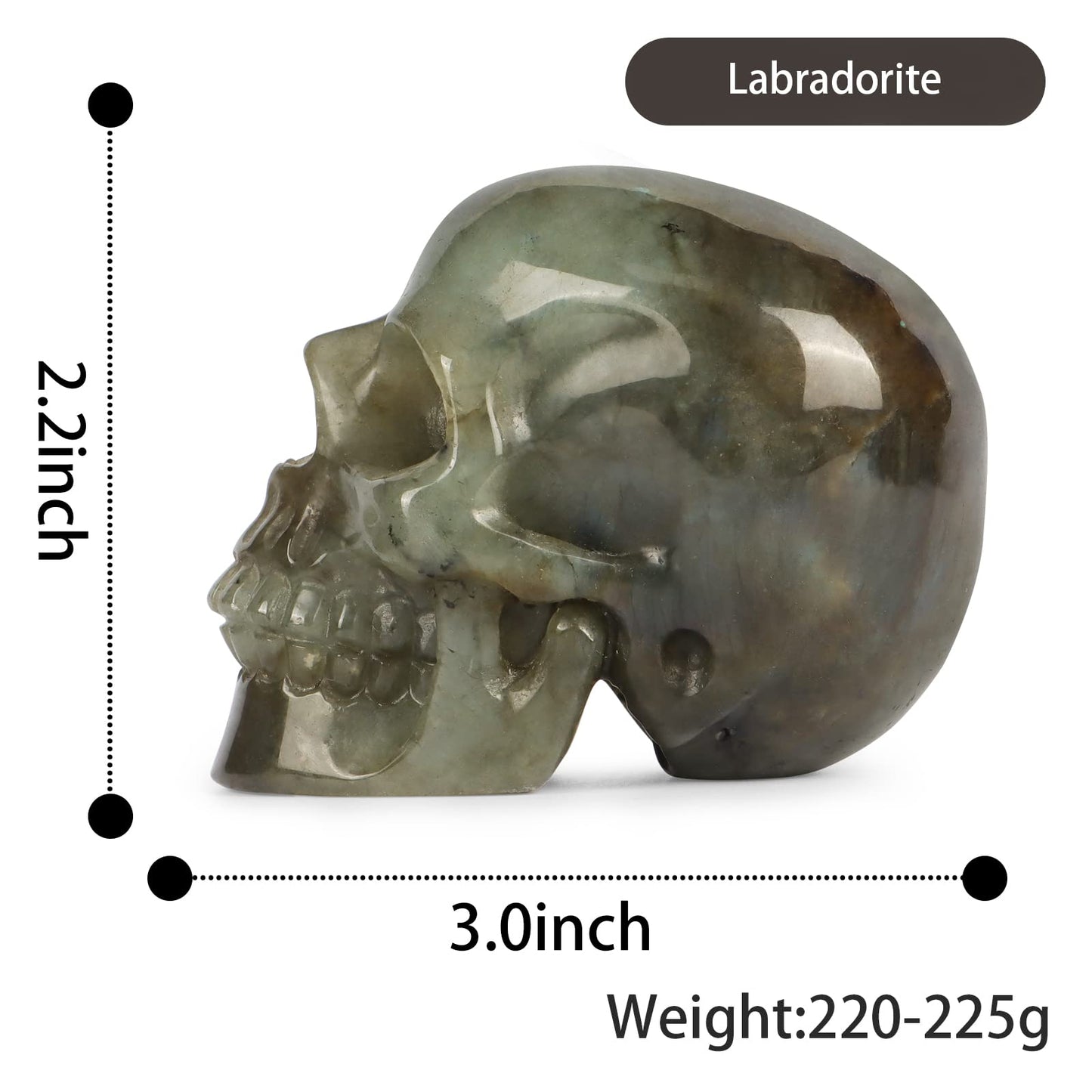 Hxswkk Labradorite Crystal Skull Statue Hand Carved Gemstone Collection Skulls Ornament for Home Office Decor Stone Figurines 3"