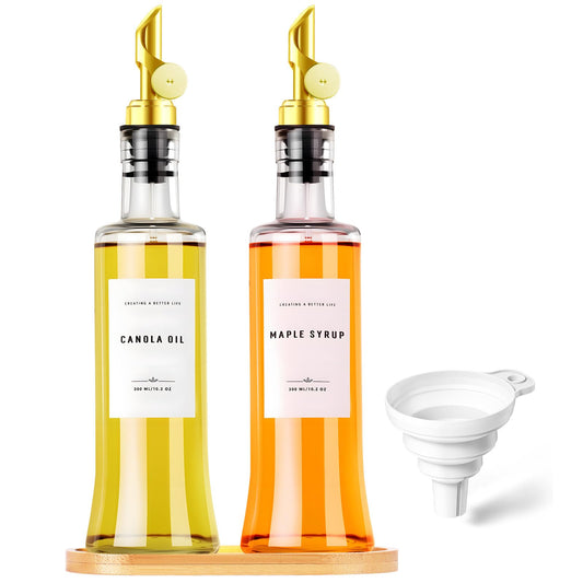 GIXSEGIE Olive Oil Dispenser Bottles for Kitchen with Bamboo Tray, Oil and Vinegar Dispenser Set, Coffee Syrup Dispensers, Glass Dispensers for Kitchen, Dispenser Bottle of 300ml - Set of 2 Gold