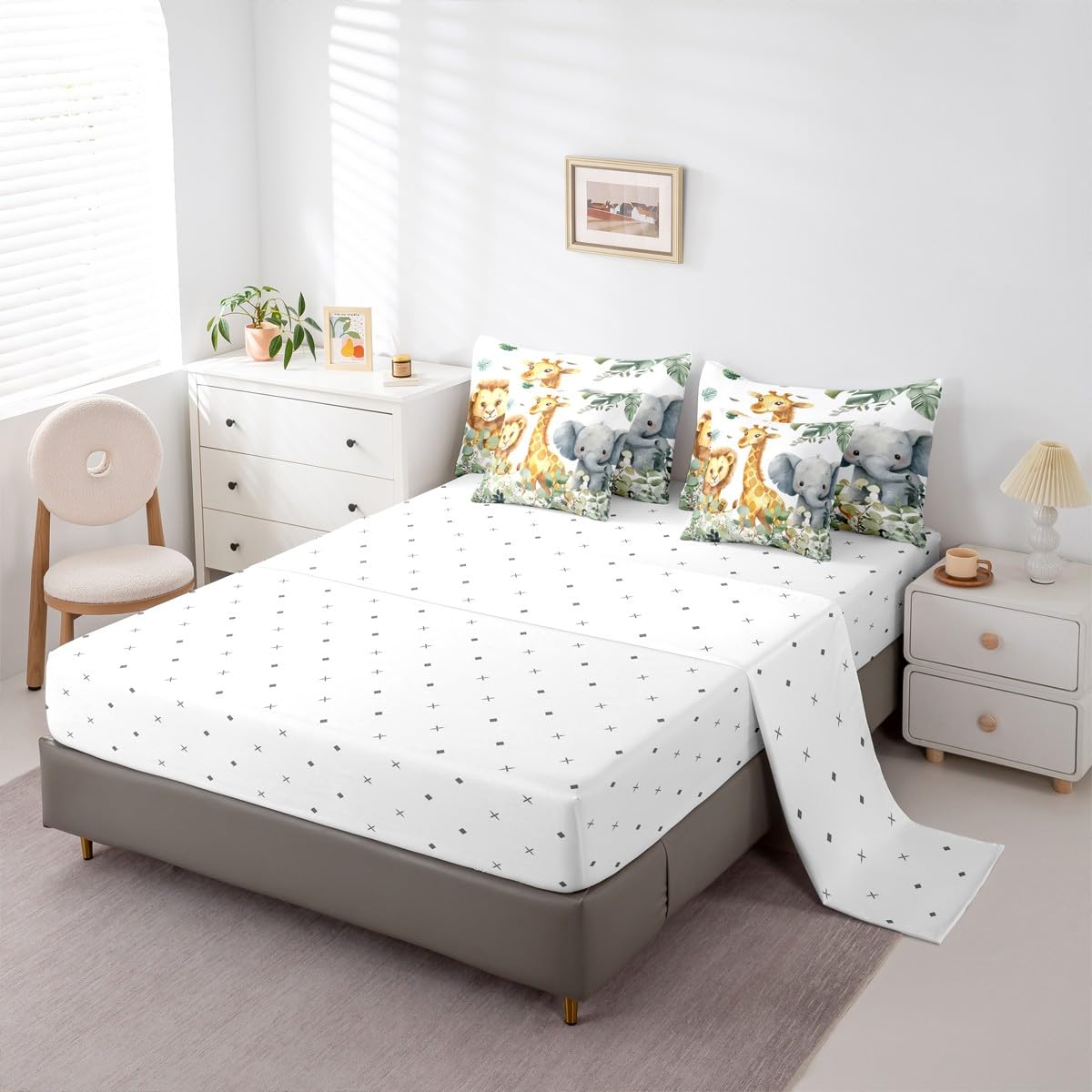 Erosebridal Jungle Animal Twin Size Comforter Set with Sheets - Kawaii Cartoon Zoo Animal 7-Piece Bedding Set Cartoon Lion Elephant Giraffe Bed in a Bag Leaves Botanical Eucalyptus Bed Quilt Sets
