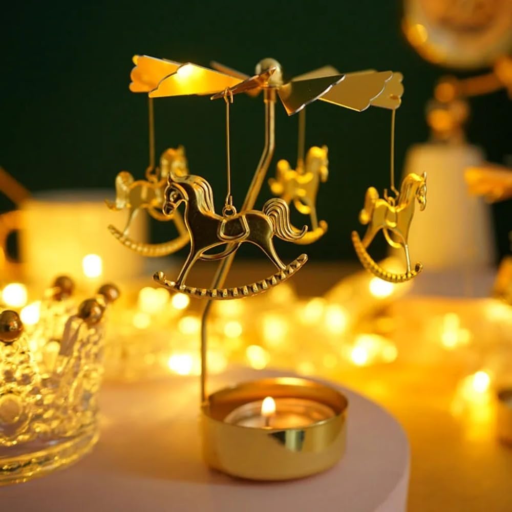 Rotating Candle Holder, Romantic Metal Tealight Candlestick Spinner Carousel Candle Tea Light Holder for Christmas Home Decor(Snowflake,Gold)