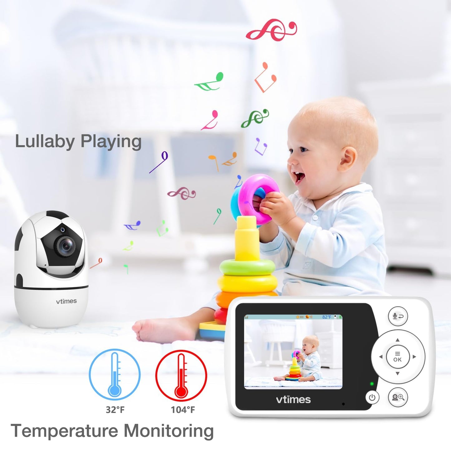 VTimes Baby Monitor with Camera and Audio, 2.4'' LCD Screen, Video Baby Monitor No WiFi Night Vision VOX Mode Pan-Tilt-Zoom Temperature Display Two-Way Audio Lullabies Feeding Alarm and 1000ft Range