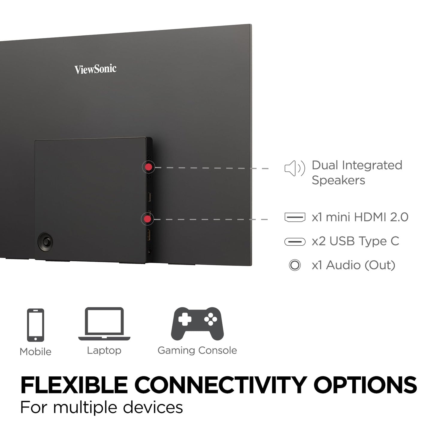 ViewSonic VX1655 15.6 Inch 1080p FHD Portable LED IPS Monitor with 2 Way Powered 60W USB C, Mini HDMI, Dual Speakers, and Built-in Stand with Tripod Mount,Black