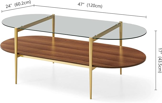 LumFurn X-Large Oval Glass Coffee Table, Mid-Century Modern Design, L47 x W24 x