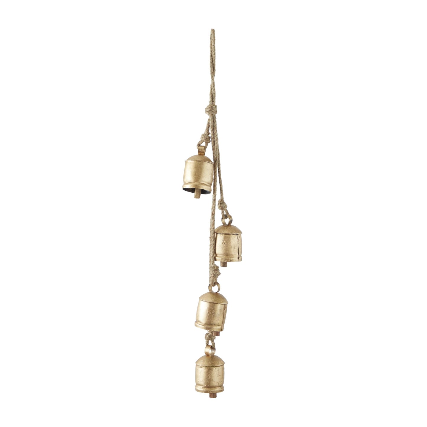 Deco 79 Metal Indoor Outdoor Decorative Cow Bells Tibetan Inspired Cascading Meditation Bell with 4 Bells on Jute Hanging Rope, Cow Bell 3" x 3" x 27", Gold