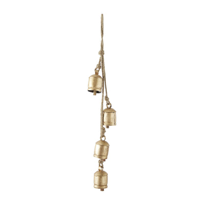 Deco 79 Metal Indoor Outdoor Decorative Cow Bells Tibetan Inspired Cascading Meditation Bell with 4 Bells on Jute Hanging Rope, Cow Bell 3" x 3" x 27", Gold