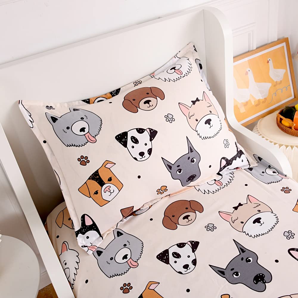 KWLOVER 3PC Soft Doggy Printed Bed Fitted Sheet Flat Sheet and Pillowcase Set,Dog Design Cute Puppy Pattern Printed Bed Sheets Set for Teens Boys Girls Twin Size Bed