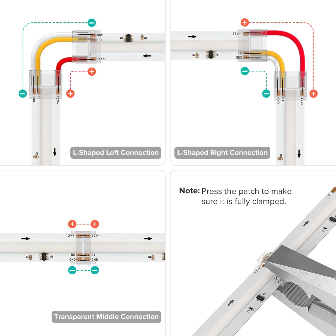 BTF-LIGHTING 3Pin 12mm Width Transparent Connector Kit, L-Shaped/Corner Connector Kit Only Support FCOB SPI WS2811 720LED/m RGB (+ DI GND) 3 Wires LED Strip