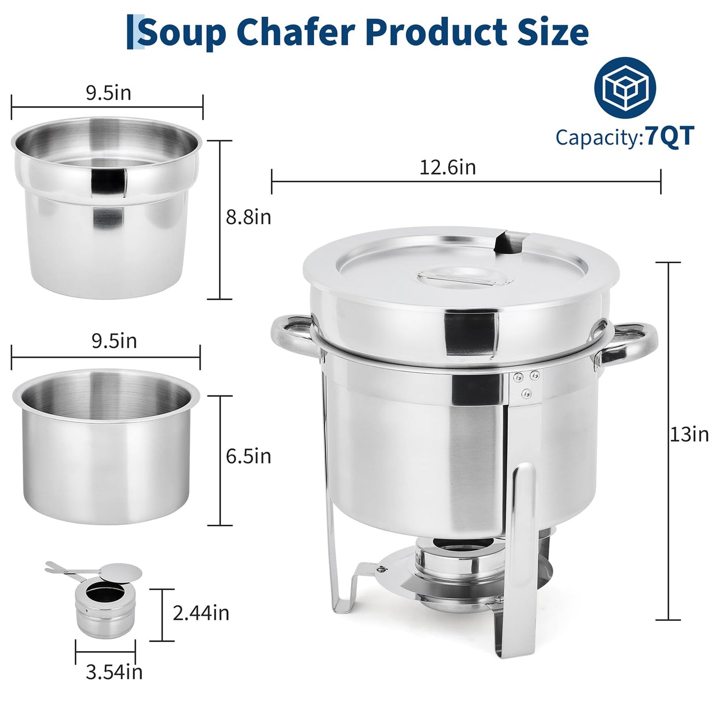 GarveeHome 7QT Soup Chafer Set of 2, Stainless Steel Round Soup Warmer with Pot, Notched Lids & Fuel Holders, Commercial Food Warmer for Buffets, Events and Party Service
