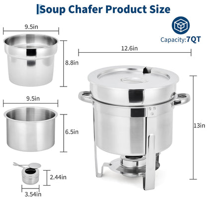 GarveeHome 7QT Soup Chafer Set of 2, Stainless Steel Round Soup Warmer with Pot, Notched Lids & Fuel Holders, Commercial Food Warmer for Buffets, Events and Party Service