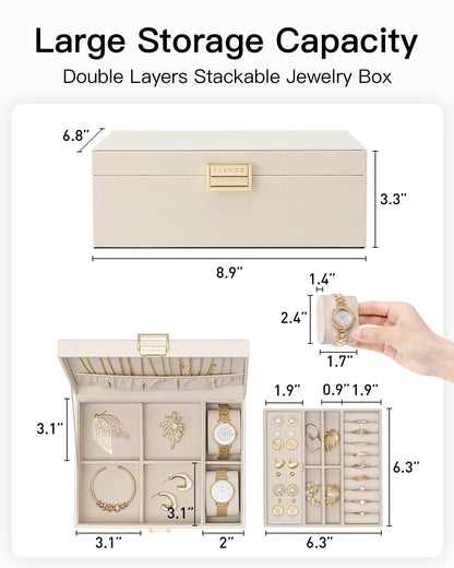 Vlando Jewellery Box, 2 Layer Jewellery Organiser with Watch Pillow, Jewellery Storage Case for Necklace,Bracelets, Earring Storage Organiser, Gift for Women,White