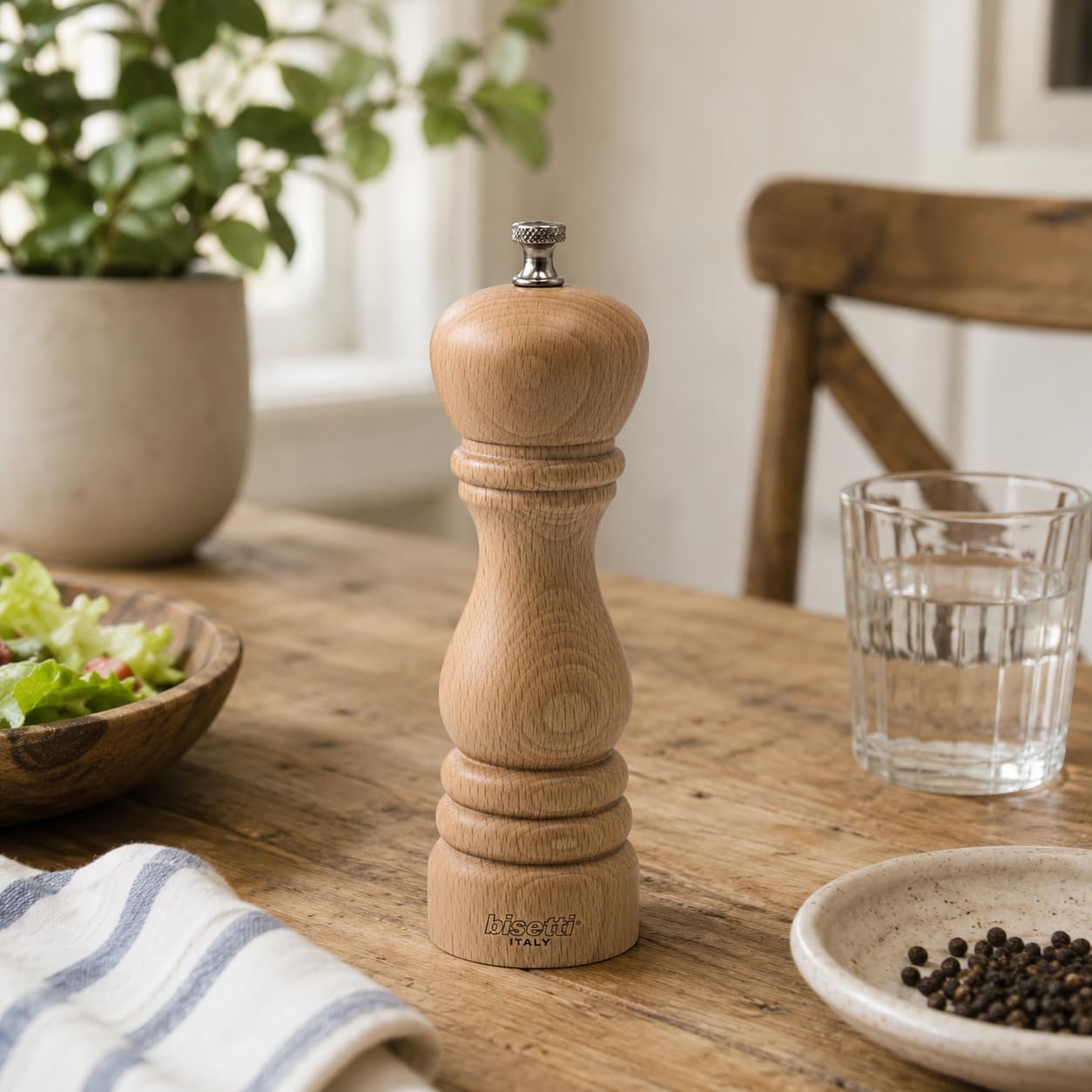 Bisetti Roma 7.5 Inch Beech Wood Salt Mill With Adjustable Ceramic Grinder, Made in Italy