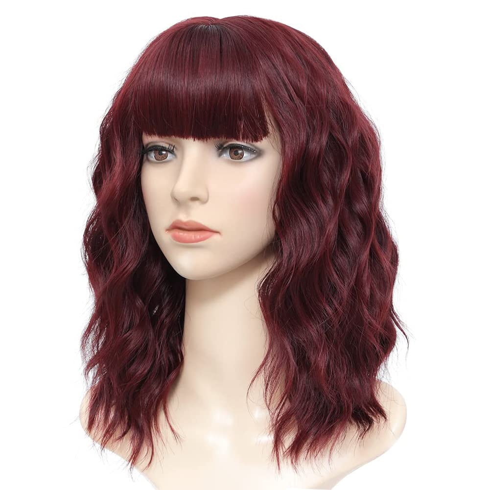 Colorfulpanda Short Bob Wigs for Women Wine Red Wavy Curly Wig with Bangs Natural Synthetic Heat Resistant Hair Wig Cosplay or Daily Use 14 Inch