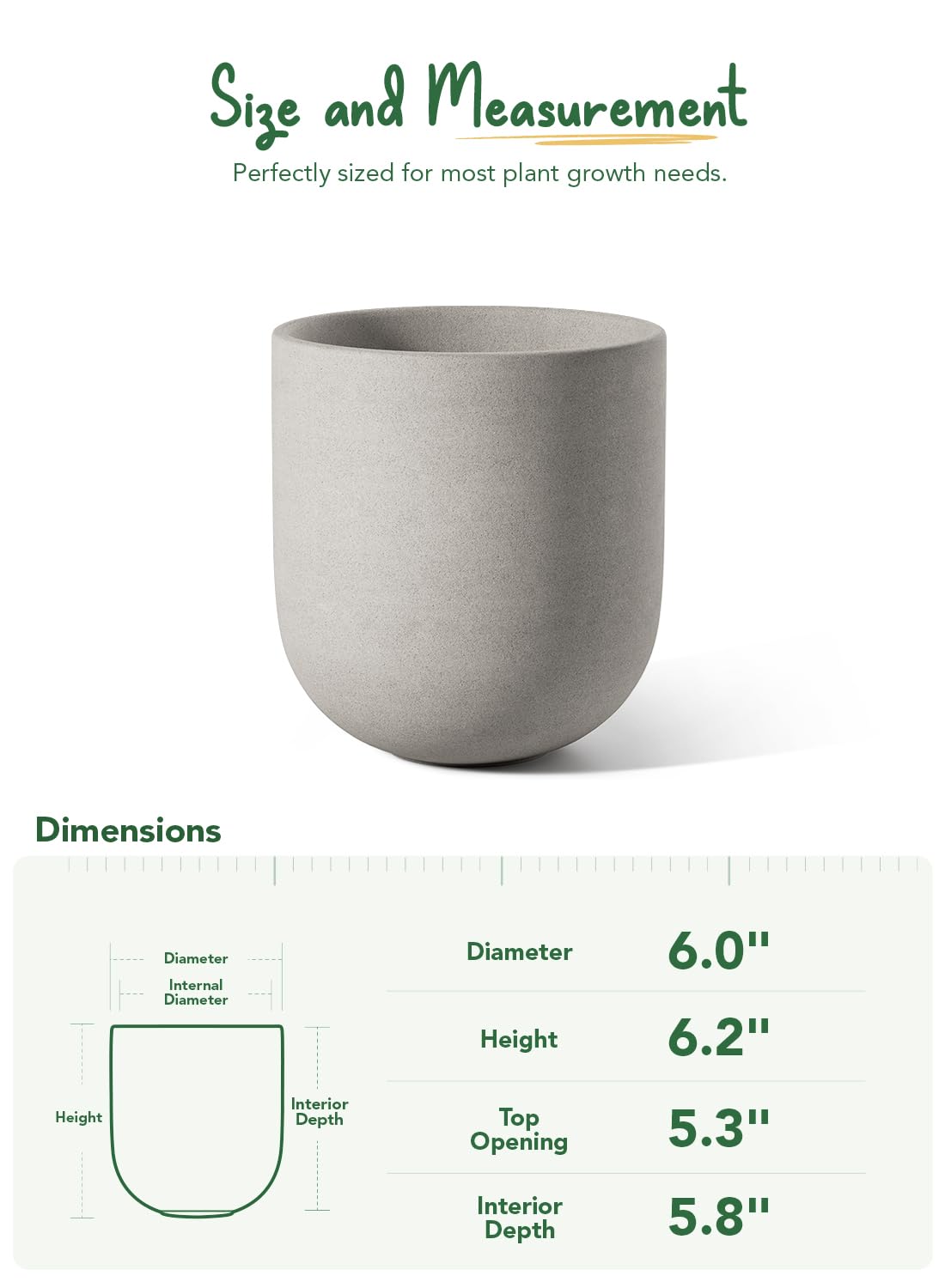LE TAUCI 6 Inch Plant Pot, Ceramic Planter for Herbs & Small Houseplants, Tabletop Indoor Pot for Shelf, Desk and Windowsill, Small Planter with Drainage Hole & Rubber Plug, Neutral Gray