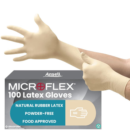 Ansell MicroFlex 63-864, Disposable Gloves with Textured Fingertips, Industrial Safe Latex Gloves, Powder Free Certified Food Gloves, Multipurpose Work Gloves, White Latex Gloves Small, 100 Gloves