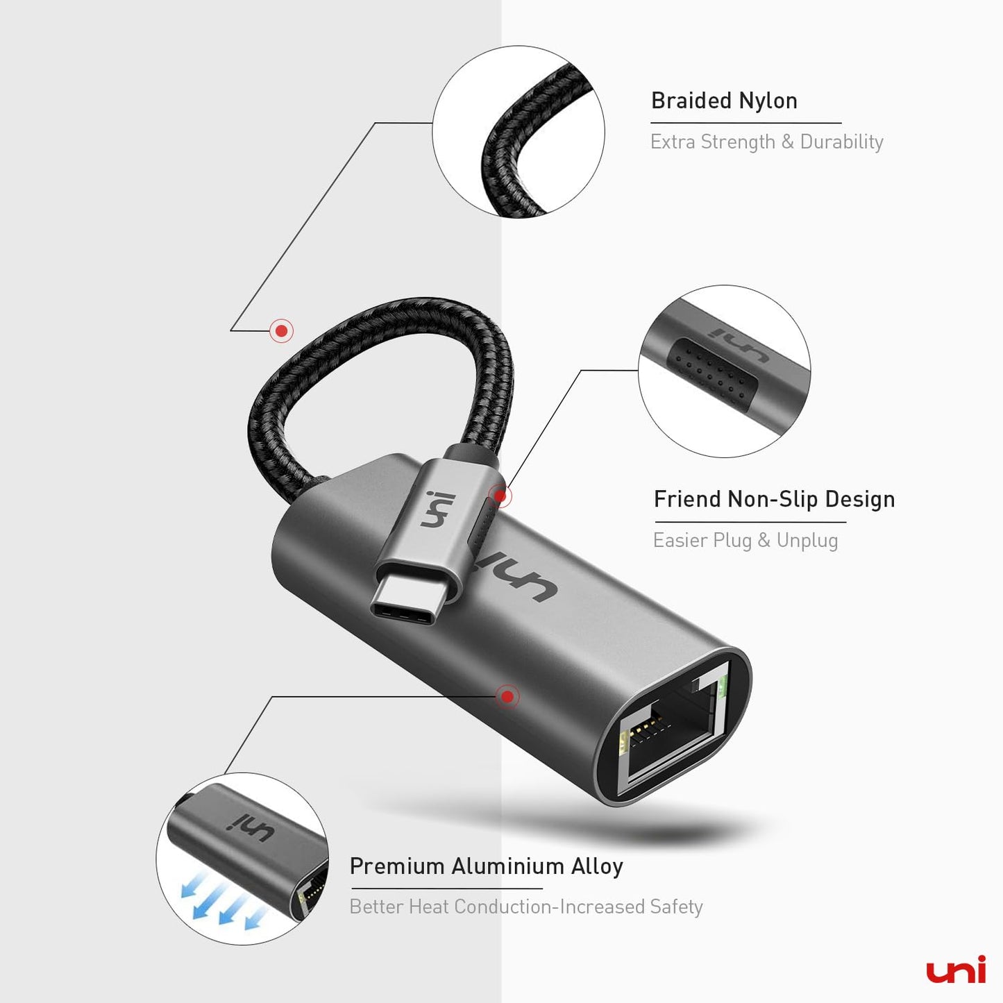 uni USB C to Ethernet Adapter, Driver Free 1Gbps Wired Network Adapter, Gigabit Thunderbolt LAN Adaptor in Aluminum, Compatible for iPhone 15 16, MacBook Pro, MacBook Air, iPad Pro/Air, Dell XPS