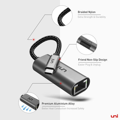 uni USB C to Ethernet Adapter, Driver Free 1Gbps Wired Network Adapter, Gigabit Thunderbolt LAN Adaptor in Aluminum, Compatible for iPhone 15 16, MacBook Pro, MacBook Air, iPad Pro/Air, Dell XPS
