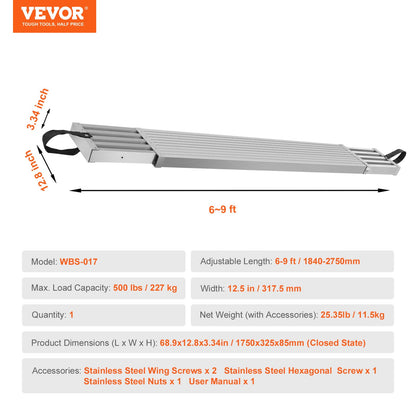 VEVOR Aluminum Telescoping Work Plank, 6-9FT, 500lbs Capacity, 12.5 inch Width, Scaffolding Plank with Skid-Proof Platform Scaffold Ladder Accessory