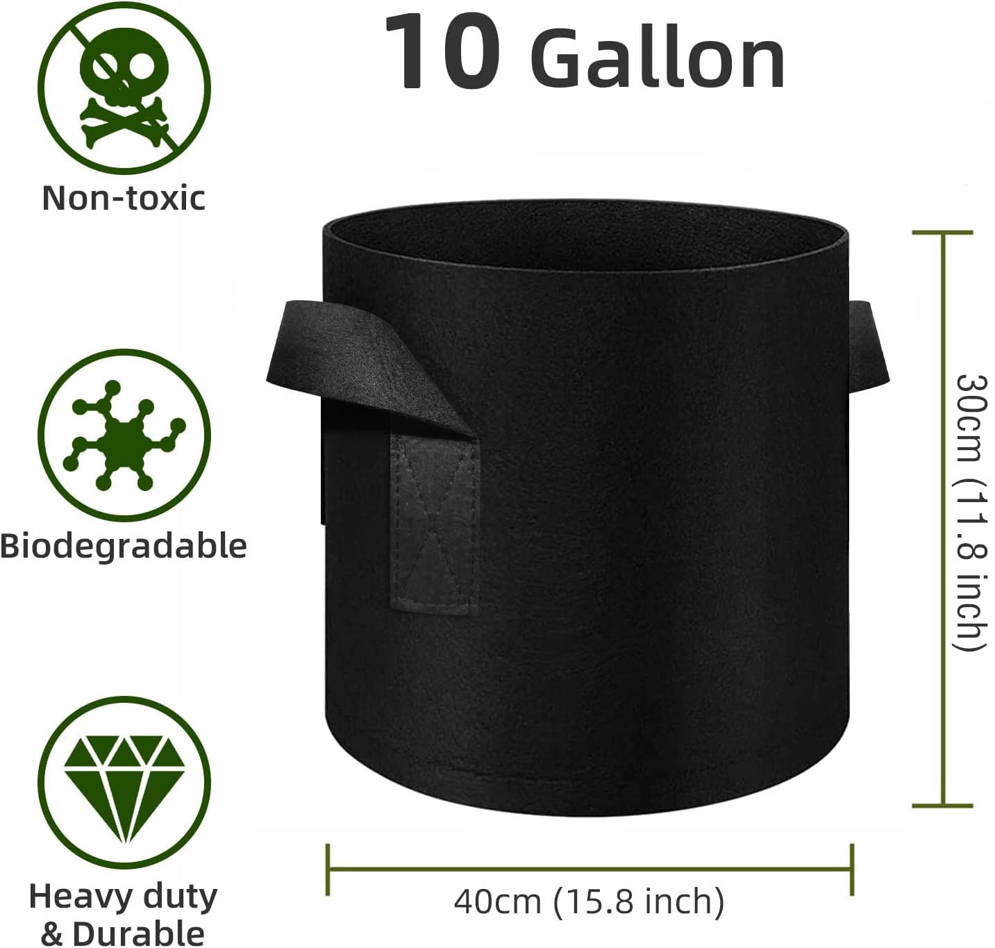 WHATWEARS 24 Pack 10 Gallon Plant Grow Bags, Thickened Nonwoven Fabric Pots with Handles, Vegetable Planter Bags Containers, Cloth Planters for Garden Vegetable/Flower/Plant/Fruits Outdoor (Black)