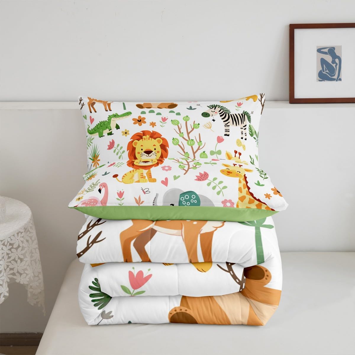 Feelyou Twin Size Cartoon Lions Giraffe Comforter Set Zoo Animals Bedding Set Flamingo Zebra Comforter for Kids Boys Girls Kawaii Animals Duvet Insert 2Pcs