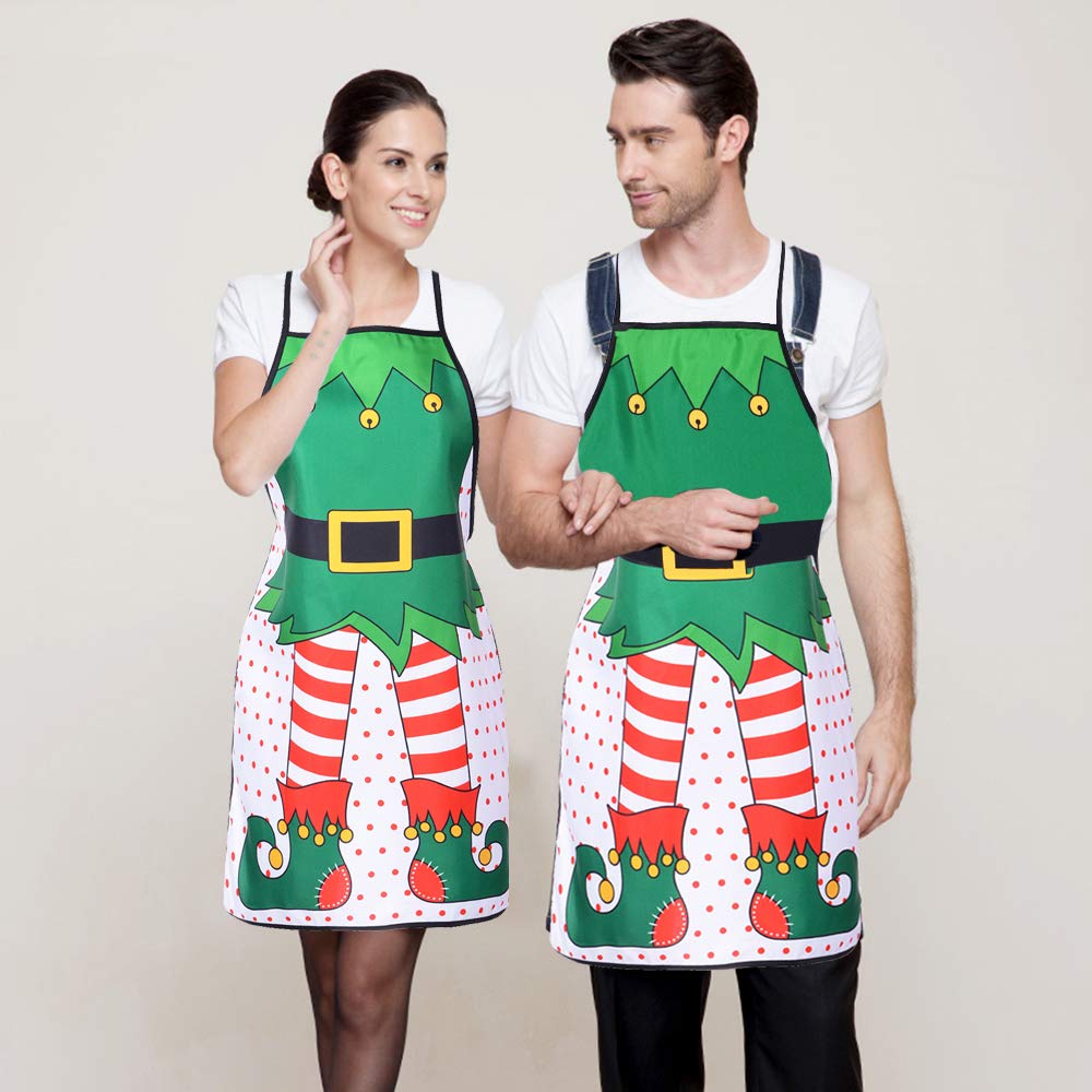 DearHouse 2 Pack Christmas Elf Apron, Cute Adjustable Kitchen Chef Bib BBQ Cooking Funny Flirty Aprons for Adult，Holiday Kitchen Apron Funny Creative Thanksgiving