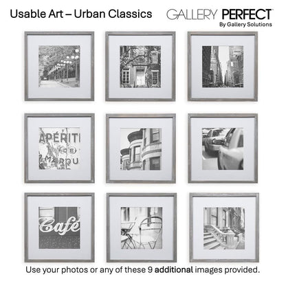 GALLERY PERFECT 12x12 Picture Frames, 9 Piece Set with Real Glass Cover for 8x8 Photos With Mat, Picture Frames Collage Wall Decor for Gallery Wall, Home Decor, Grey
