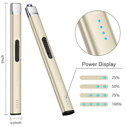 REIDEA Lighters 2 Pack R1 Flat Electronic Candle Lighter, Windproof Flameless USB Rechargeable Arc Lighter with Safe Button and Power Indicator for Candle, BBQ and Fireworks, Champagne Gold and White