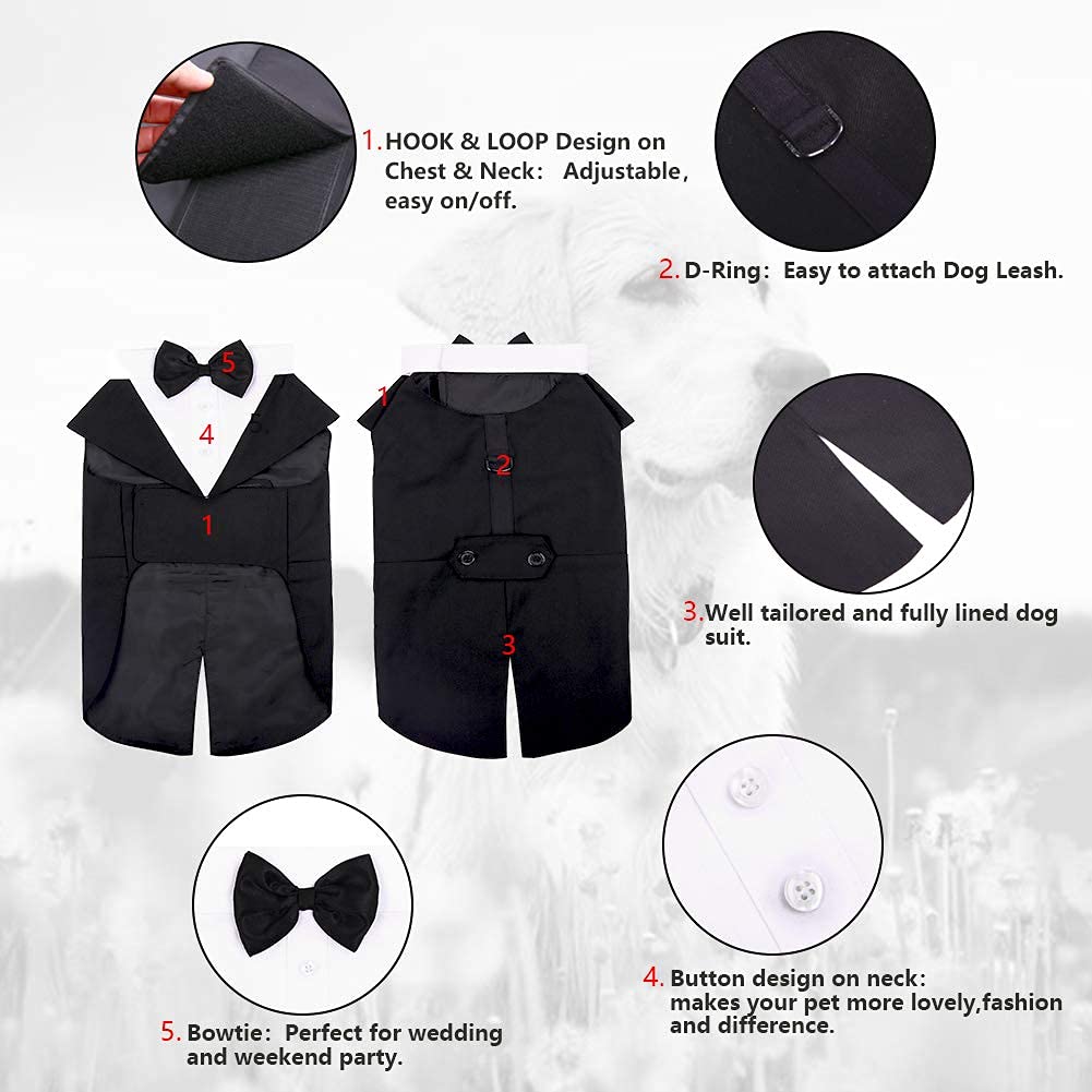 Dog Tuxedo Suit, Dog Clothes Coton Wedding Party Costume Puppy Formal Outfit Festival Shirt Coat Apparel with Detachable Bow Tie Bandana(Black, L)