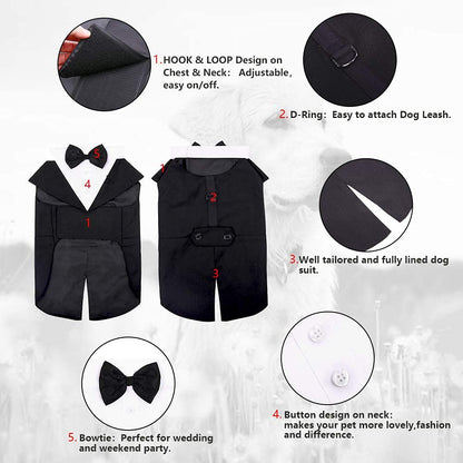 Dog Tuxedo Suit, Dog Clothes Coton Wedding Party Costume Puppy Formal Outfit Festival Shirt Coat Apparel with Detachable Bow Tie Bandana(Black, L)