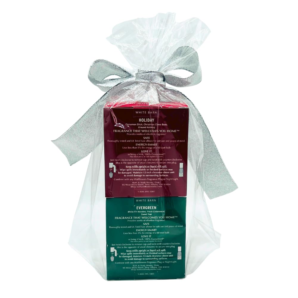Bath & Body Works HOLIDAY & EVERGREEN Wallflowers Home Fragrance Refill 2pc Bundle Gift Set with 30-Inch Metallic Silver Ribbon Bow – Winter & Christmas Scents - 0.8 fl oz Each