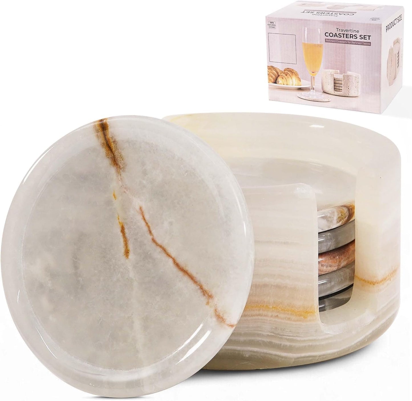 SPESHSTONES Marble Coasters Set of 6 Cream Onyx 3.5 Inch Round Stone Coaster for Drinks with Holder - Ideal Drink Coasters for Coffee Bar Accessories, Gifts, Dining Table & Home Décor