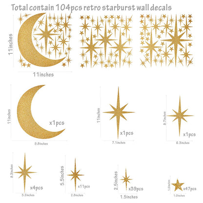 Retro Starburst Wall Decals Stars Wall Stickers Atomic Star Vinyl Decal Golden Star Moon Decals Celestial Decor Bedroom Nursery Walls Sticker Peel and Stick Sparkle Moon Art Mural Decal