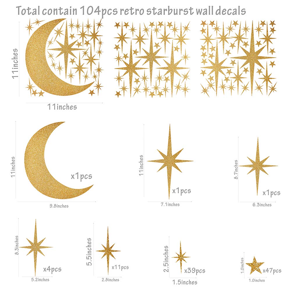 Retro Starburst Wall Decals Stars Wall Stickers Atomic Star Vinyl Decal Golden Star Moon Decals Celestial Decor Bedroom Nursery Walls Sticker Peel and Stick Sparkle Moon Art Mural Decal