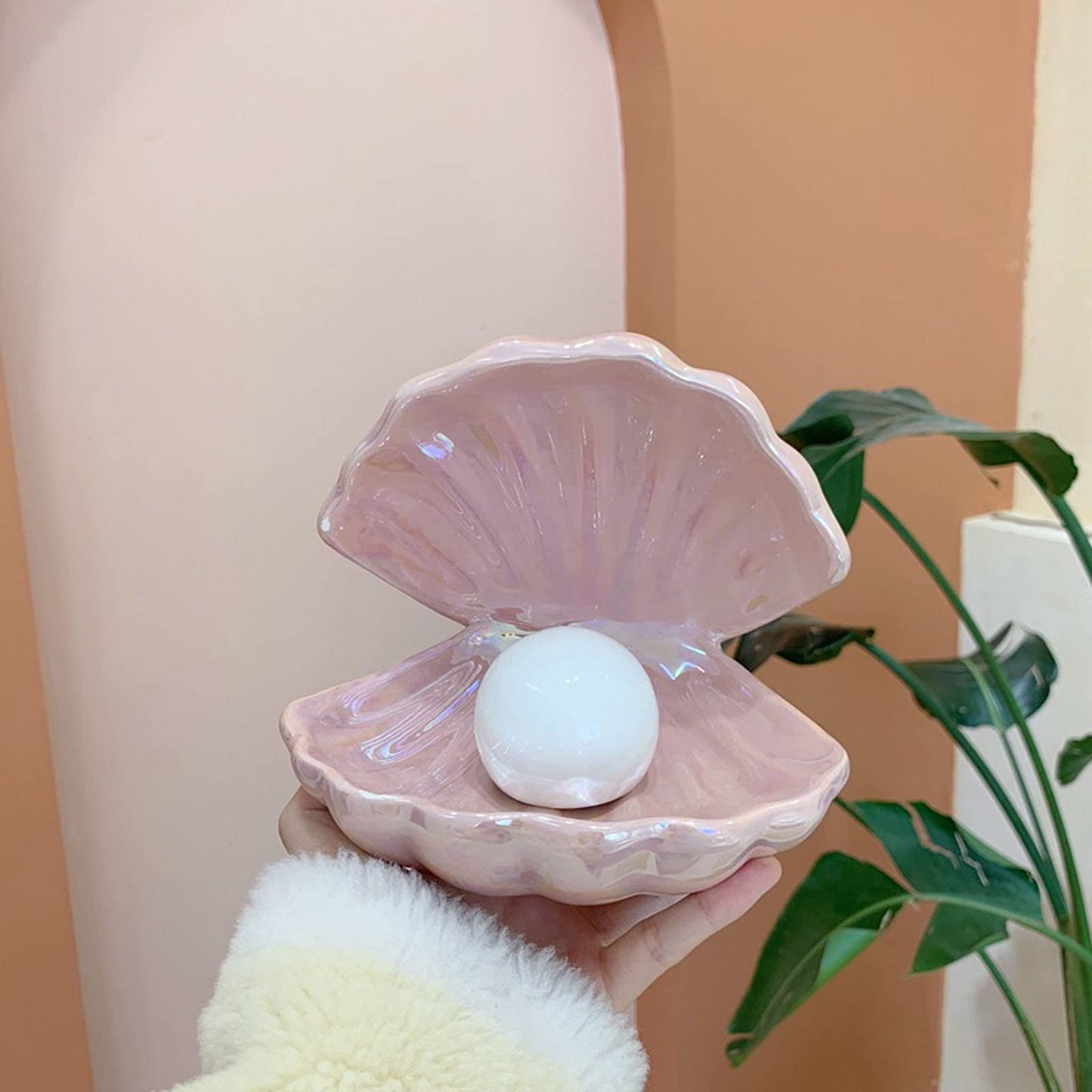 BinaryABC Ceramics Shell Pearl Light Led Lamp Portable Night Light Tabletop Light,Christmas Gift(Pink)