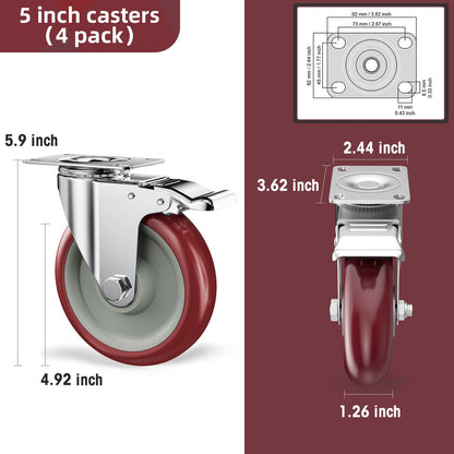 CLOATFET 5 Inch Heavy Duty Casters with Brake - Set of 4, Polyurethane Non-Marking Wheels, Double Ball Bearing Swivel Plate Casters for Workbench, Tool Cabinet, Cart, Kitchen Pantry