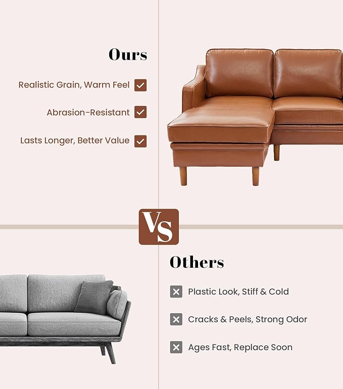 Kingfun 88" L-Shape Sofa, Faux Leather Sectional Couch, Mid Century Modern