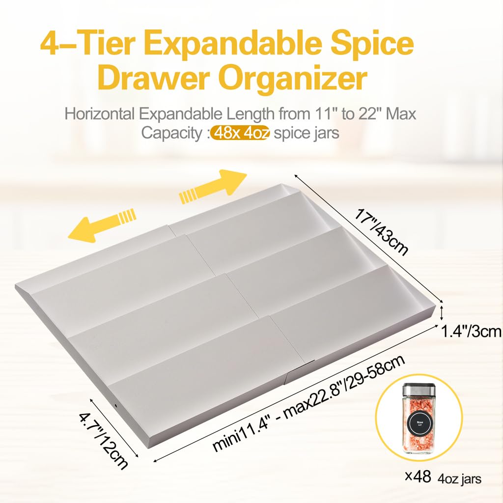 GOENDR Metal Spice Drawer Organizer, 4 Tier Spice Rack for Drawer, Expandable Seasoning Organizer For 11.4-22.8” Wide Drawer, Holds up to 48 Spice Jars (Not Included), White