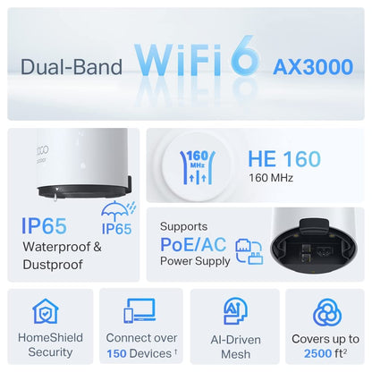 TP-Link Deco X50-Outdoor/Indoor Whole Home Mesh WiFi 6, IP65 Dust & Water Resistance, AI Driven Dual-Band WiFi Booster, Add on Another Deco Mesh Product for Extended Coverage, Works with Alexa