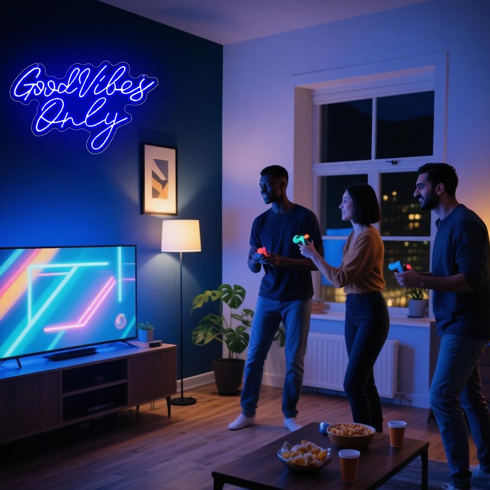 Good Vibes Only Neon Signs,Adjustable Brightness Blue Good Vibes Only LED Signs for Wall Decor, Cool Neon Lights Letters Light up Signs for Bedroom,Bar,Party, Salon Birthday,Christmas Gifts
