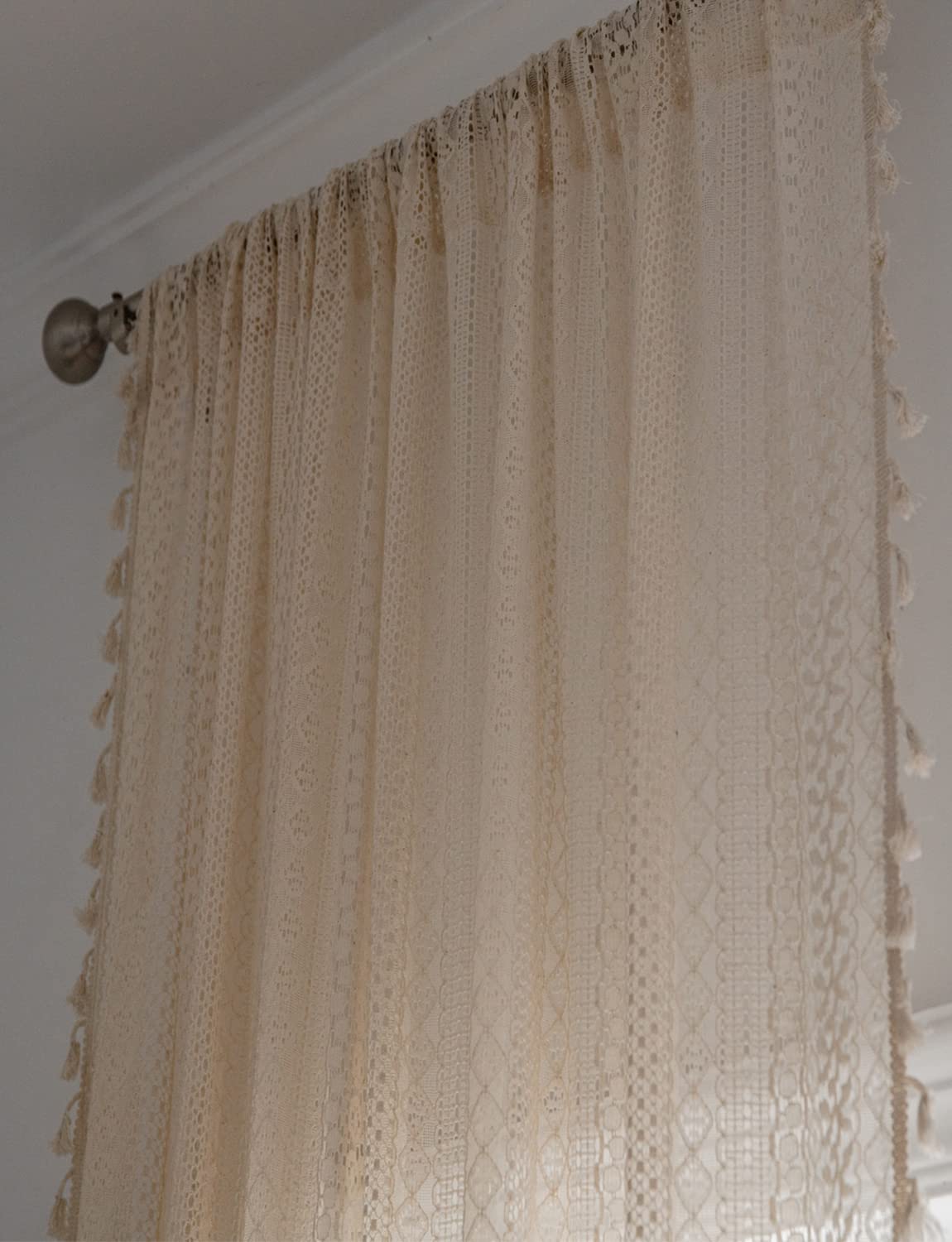 Boho Curtains for Living Room Bedroom, 63 inch Length 2 Panels Set Cotton Linen Semi Sheer Farmhouse Window Curtains with Tassels & Rod Pocket, Beige Lace Crochet Rustic Floral Long Curtain Drapes