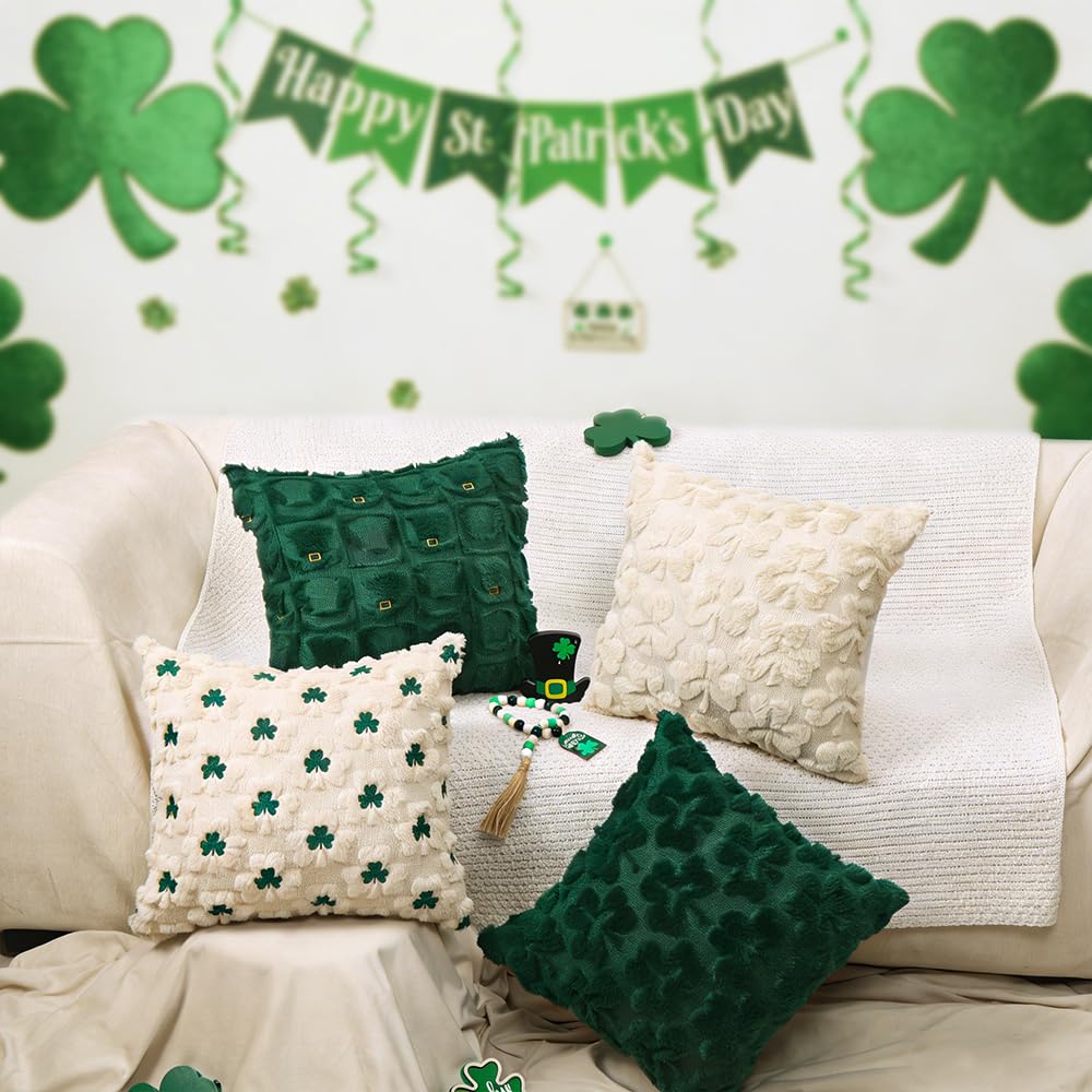Heirloom Haven St Patrick’s Day Pillow Covers Set of 2,Beige Shamrock Irish Soft Plush Fluffy Faux Fur Jacquard Decorative Holiday Farmhouse Cushion Case for Sofa 20 x 20 Inch