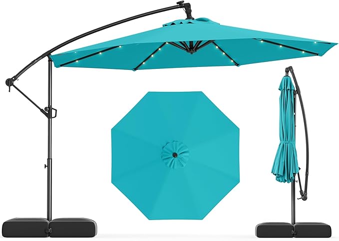 Tangkula 10ft Solar LED Patio Umbrella with Base, Offset Cantilever Outdoor Umbrella with 32 LED Lights, Infinite Tilt, 360 Degree Rotation, Crank Handle for Pool Deck Garden Backyard (Turquoise)