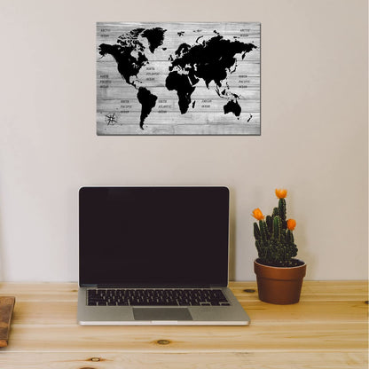 TAOMI World Map Wood Grain Grey Wall Art Black and White Artwork for Office Home Bedroom Decoration Map of the World Canvas Classroom Living Room Wall Décor Frame 12x16inch