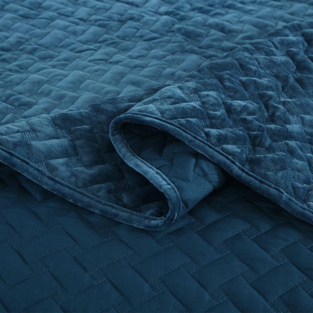 Liians Velvet Bedspread Quilt Bedding Sets,Luxury Elegant Ultra Soft Velvet Comforters Coverlet Blankets,Weave Stitching Pattern Cotton Quilted Bedspread for All Seasons,Azure Blue,Queen Size