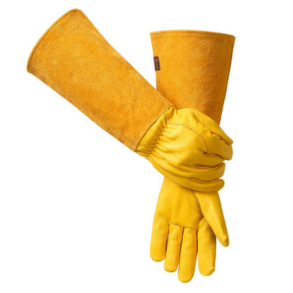 Leather Gauntlet Gardening Gloves for Women and Men, Breathable Rose Pruning Gloves with Thorn Proof Gauntlet, Long Durable Cowhide Sleeves Garden Gloves Work for Gardener and Farmer(M,Yellow)