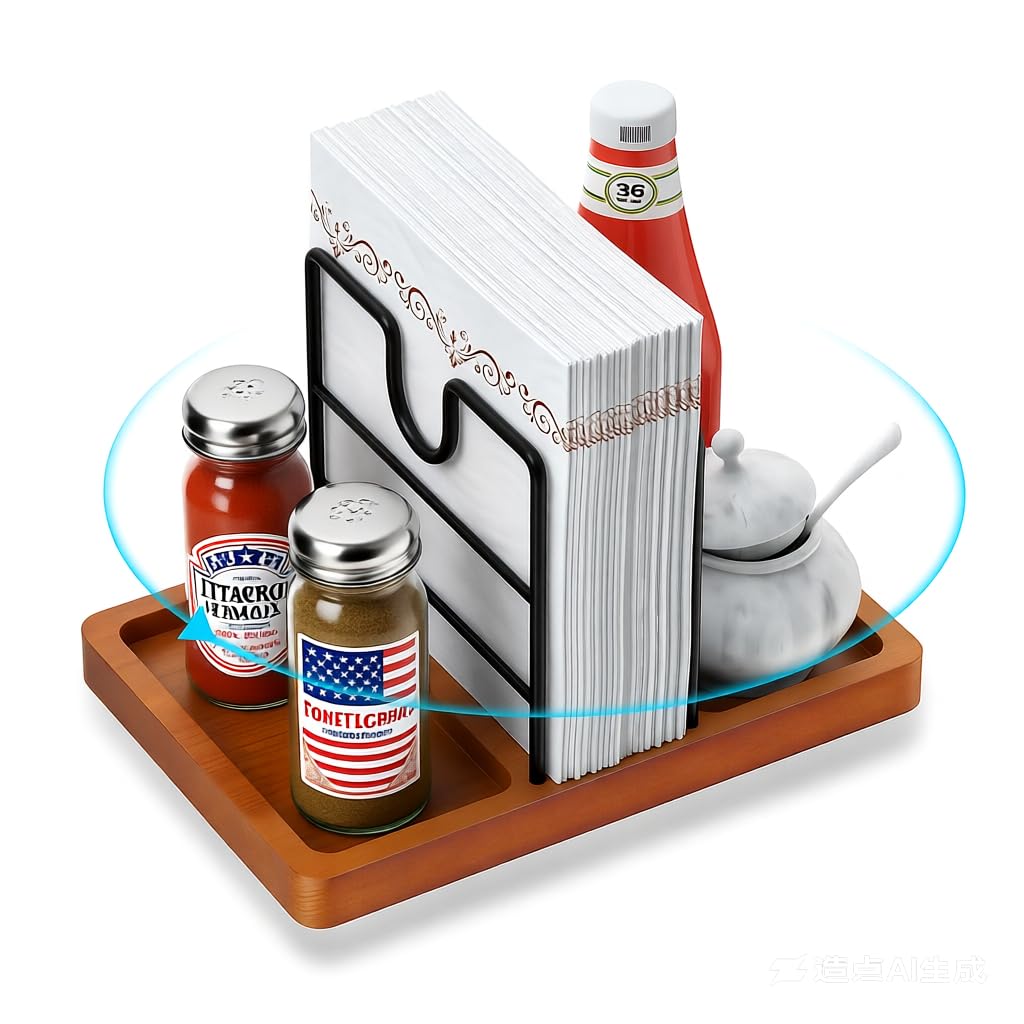 PENGARO Napkin Holder for Table, 360° Rotating Napkin Holders Metal Dining Napkin Dispenser with Salt and Pepper Shakers Holder, Standing Paper Napkin Storage for Kitchen Dining Table, Brown