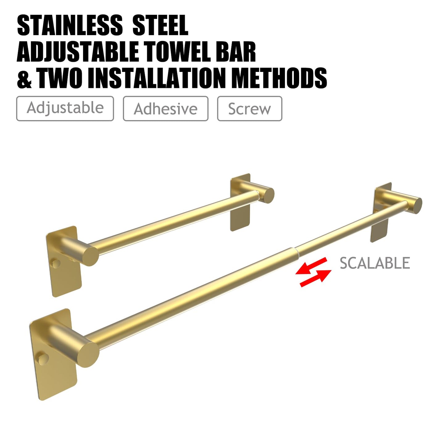 MIROAMZ Towel Bar, 14inch to 25inch Adjustable Towel Holder Rod, Self Adhesive Wall Mounted Hand or Body Towel Rack for Bathroom Kitchen, Stainless Steel Organizer Single Bar (Gold, 1 Pack)