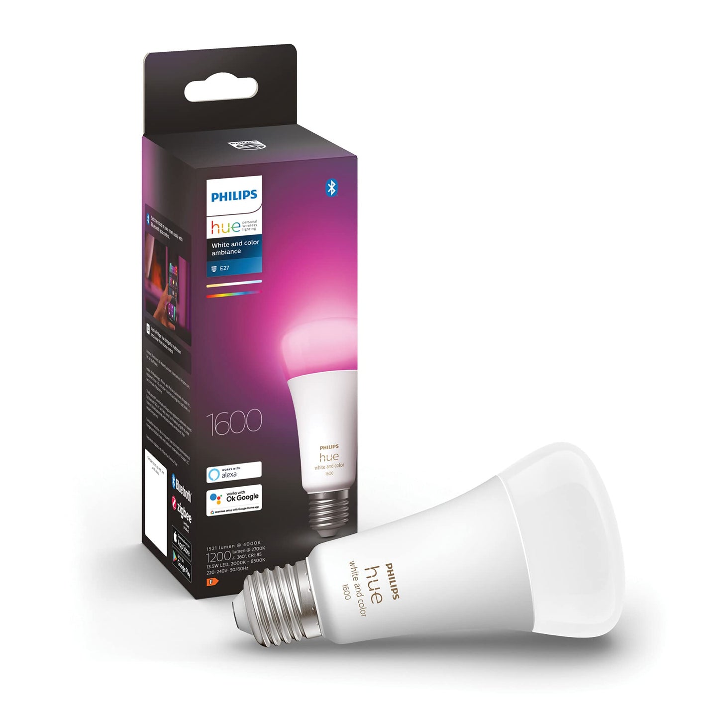Philips Hue White and Colour Ambiance Smart Light Bulb 100W - 1600 Lumen [E27 Edison Screw] with Bluetooth. for Indoor Home Lighting, Livingroom, Bedroom. Works with Voice Control, Alexa.