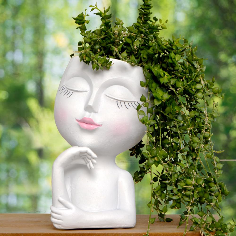Thinking Face Planter, Funny Plant Pots, Cute Head Flower Pot with Drainage for Indoor Outdoor Succulent/Herb, Unique Minimalist White Vase, Garden Home Office Desk Shelf Art Decor, Women Gift 7"