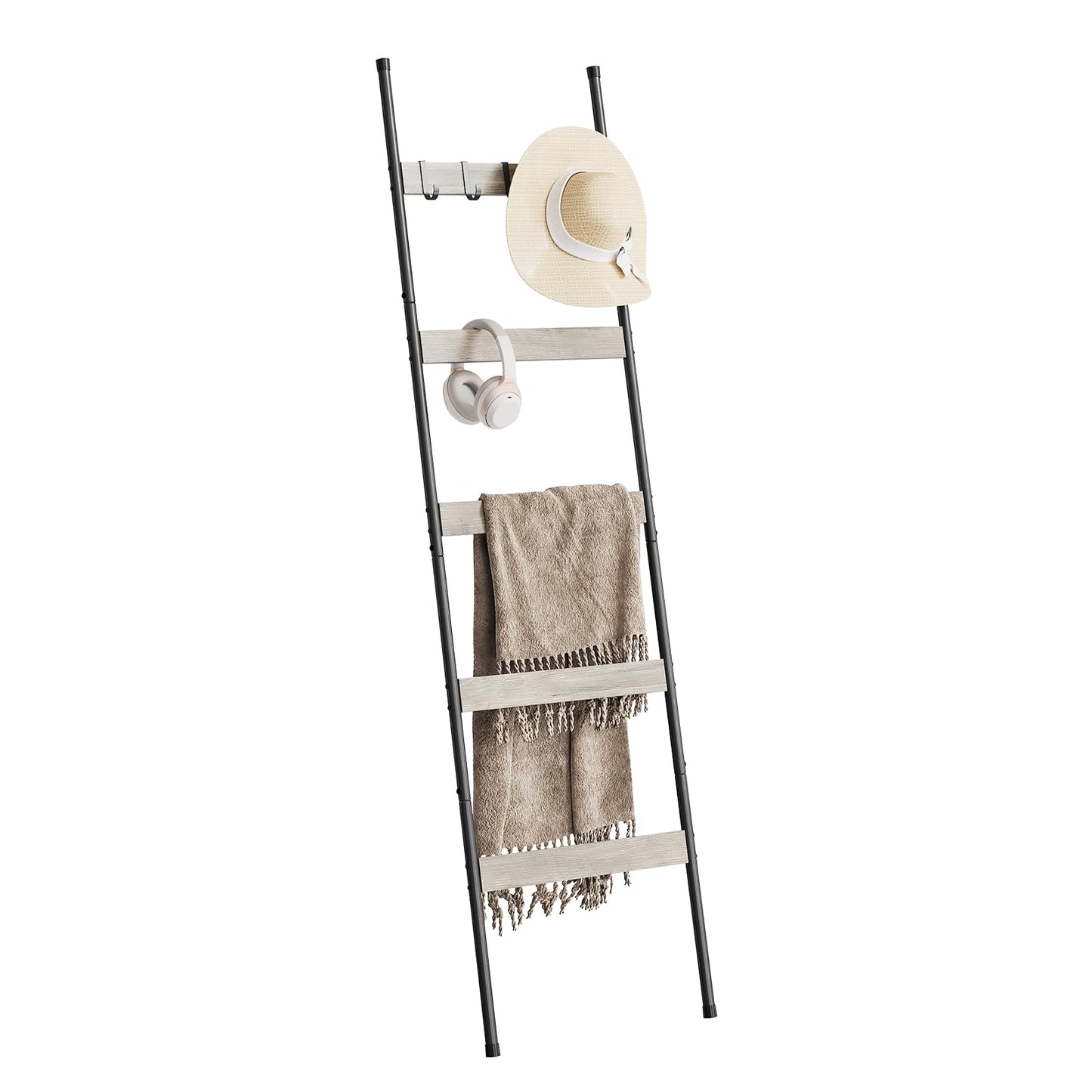 ELYKEN Blanket Ladder for Living Room, Farmhouse 5-Tier Quilt Holder with 4 Removable Hooks for Bathroom, Wood Towel Rack Display, Wall Anchor Leaning Decorative Stand for Home, White Oak