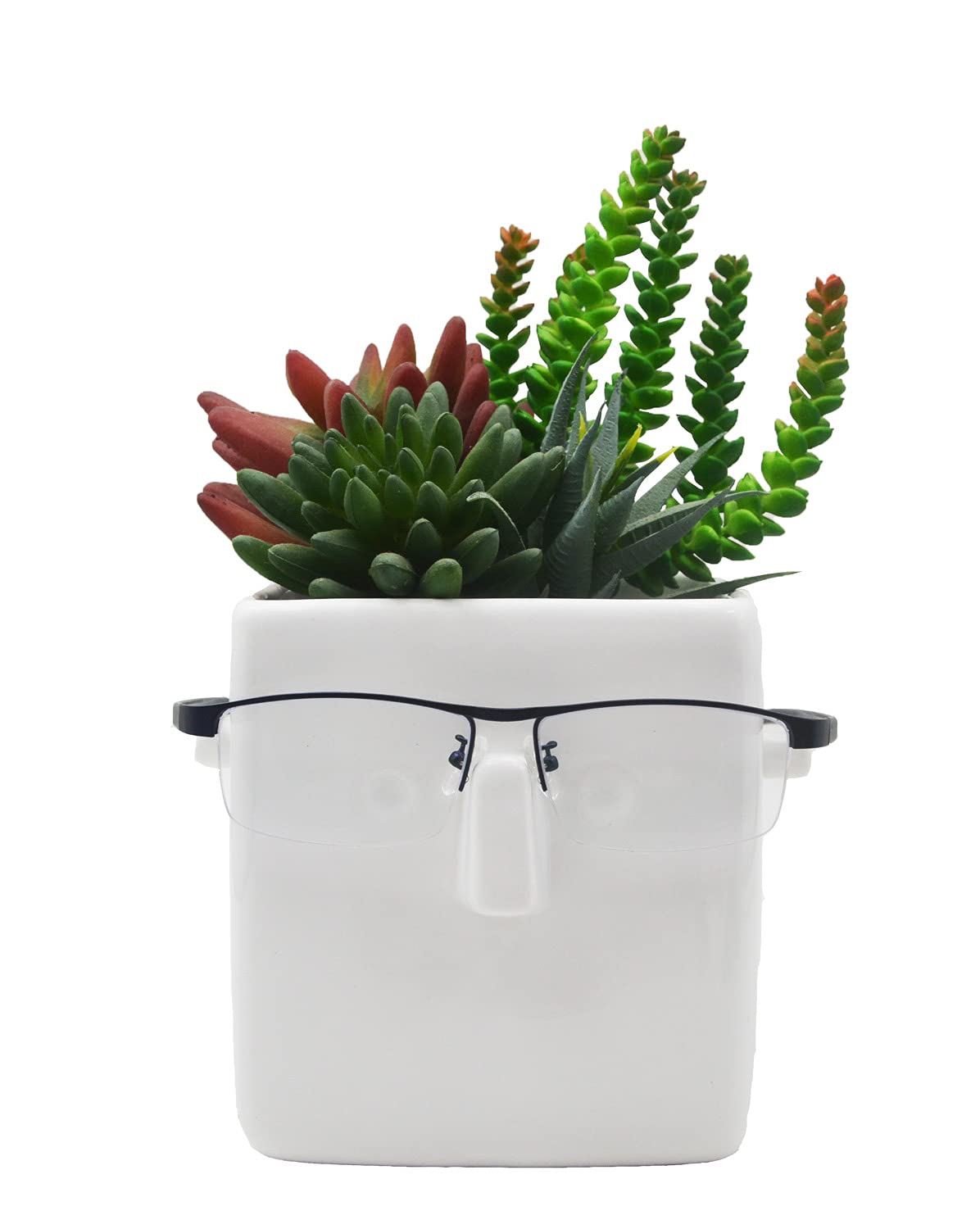 MONMOB 5"X5" White Ceramic Face Planter Pot Succulent Flowerpot DIY Painting Pencil Holder with Glasses Holder Patio Balcony Yard Lawn Ornament Gifts Ideal Gifts for Women, Mom or Birthdays